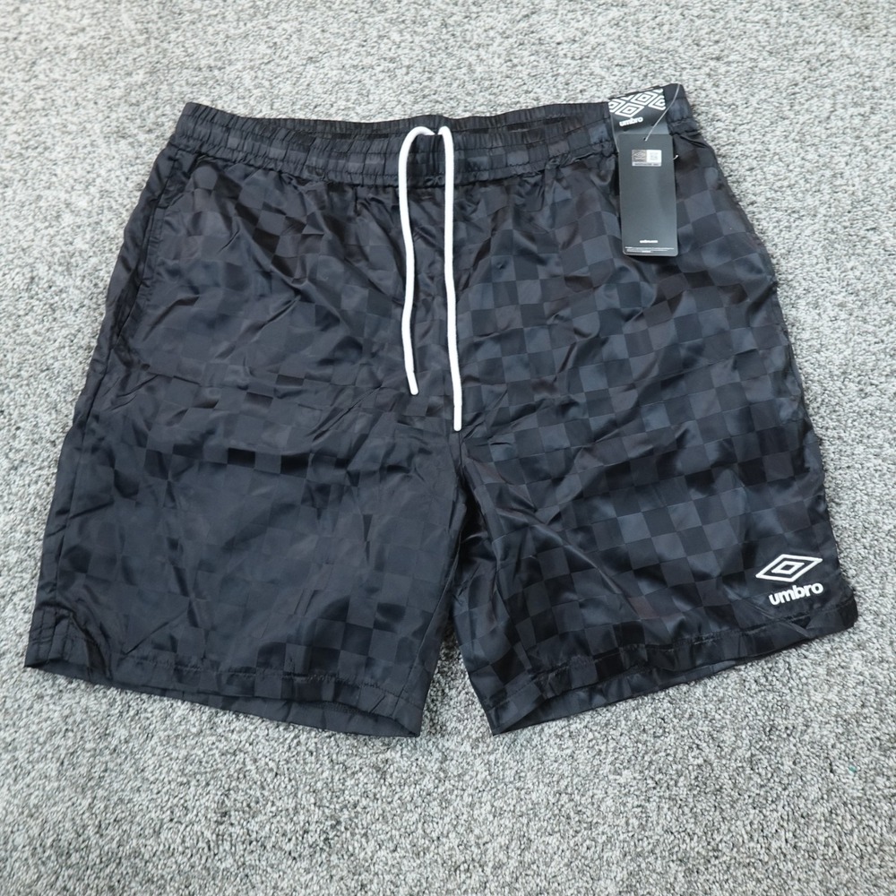 NEW Umbro Shorts Mens L Black Gray Check Soccer Futbol Football Drawstring Gym
